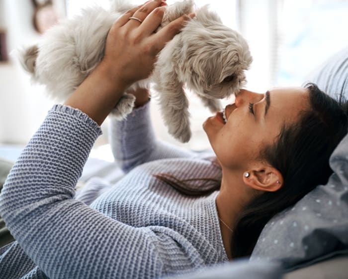 Young smiling woman touching noses with an adorable, shaggy puppy that she is holding up in the air.